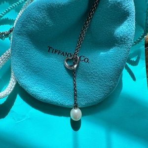 Tiffany Elsa Peretti Open Heart Lariat Necklace in Silver with Pearls, 7.5-8 mm